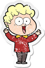 distressed sticker of a cartoon happy man