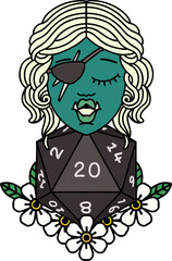 half orc rogue with natural twenty dice roll illustration