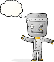 cartoon funny old robot with thought bubble