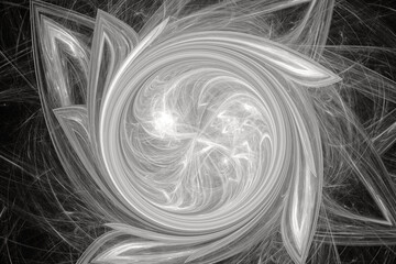 White swirling pattern of crooked waves on a black background. Abstract fractal 3D rendering