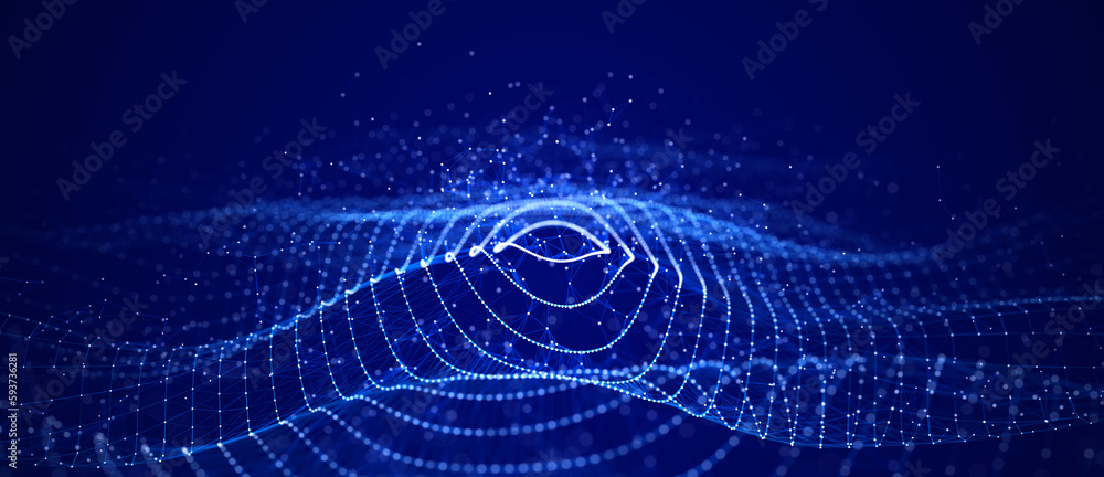 Poster Abstract blue background of points. Wave of particles. Falling cyber particles. Big data stream. 3d rendering