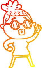 warm gradient line drawing cartoon waving woman wearing sunglasses