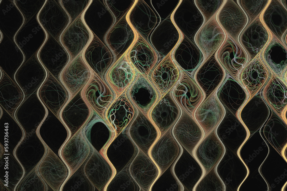 Poster orange green pattern of crooked waves on a black background. abstract fractal 3d rendering