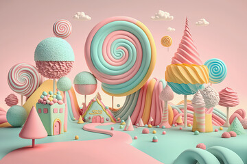 ai midjourney generative fantasy illustration of a small pastel colored candyland