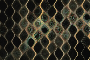 Orange green pattern of crooked waves on a black background. Abstract fractal 3D rendering