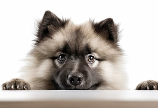 Adorable Keeshond Puppy Peeking Out from Behind White Table with Copy Space, Isolated on White Background. Generative AI.