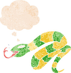 cartoon hissing snake and thought bubble in retro textured style