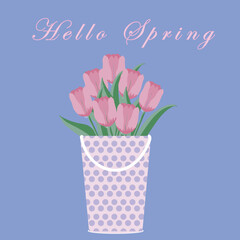 Hello spring words with tulips flowers for print, card, poster. Seasonal spring background template.