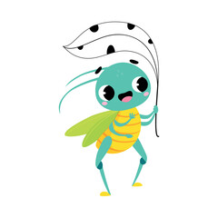 Cute green grasshopper. Funny insect cartoon character holding leaf hiding from rain vector illustration