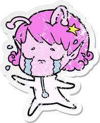 distressed sticker of a cartoon crying alien girl