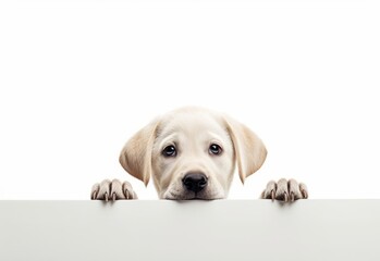 Adorable Labrador Retriever Puppy Peeking Out from Behind White Table with Copy Space, Isolated on White Background. Generative AI.