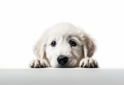 Adorable Kuvasz Puppy Peeking Out from Behind White Table with Copy Space, Isolated on White Background. Generative AI.