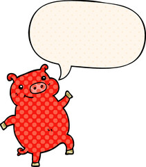 cartoon dancing pig and speech bubble in comic book style