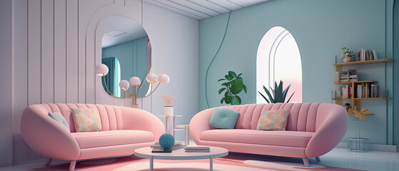 generative ai illustration of light pink colored sofas in a pastel colored room