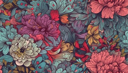 Floral summer seamless pattern. Luxurious baroque garden flowers and butterfly. Peonies flowers and leaves. Luxury background for textiles, wallpaper, paper. Vintage illustration. - obrazy, fototapety, plakaty