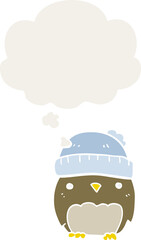 cute cartoon owl in hat and thought bubble in retro style