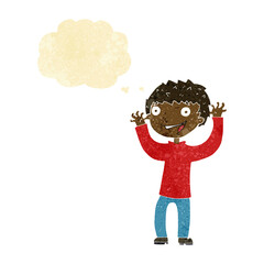 cartoon excited boy with thought bubble