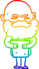 rainbow gradient line drawing cartoon man with beard frowning