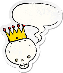 cartoon skull and crown and speech bubble distressed sticker