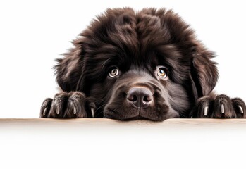 Adorable Newfoundland Puppy Peeking Out from Behind White Table with Copy Space, Isolated on White Background. Generative AI.