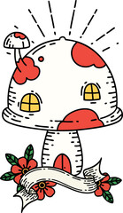 banner with tattoo style toadstool house