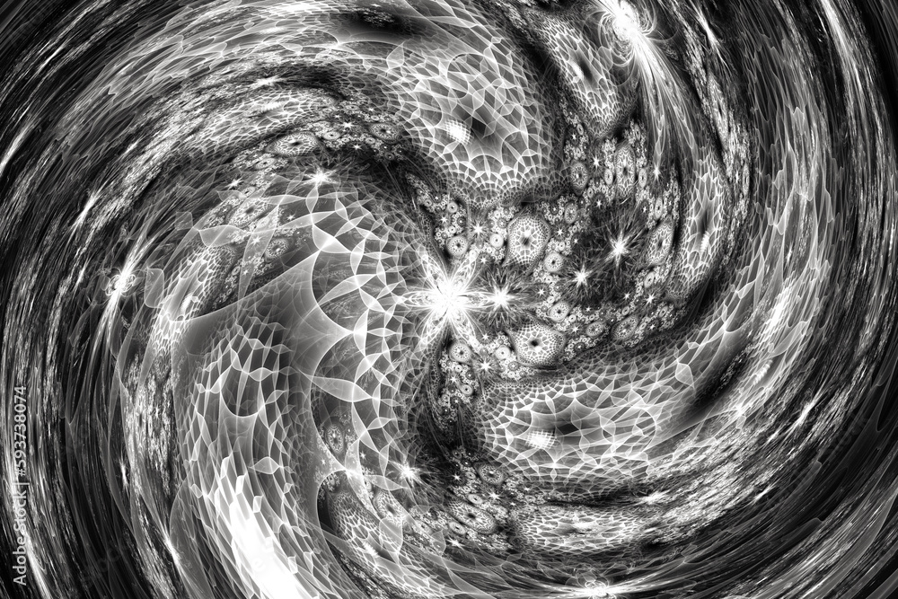 Poster white swirling pattern of crooked waves and shapes on a black background. abstract fractal 3d render