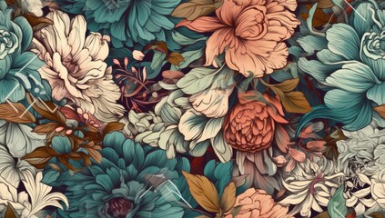 Floral summer seamless pattern. Luxurious baroque garden flowers and butterfly. Peonies flowers and leaves. Luxury background for textiles, wallpaper, paper. Vintage illustration. - obrazy, fototapety, plakaty