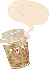 cartoon take out coffee and speech bubble in retro textured style