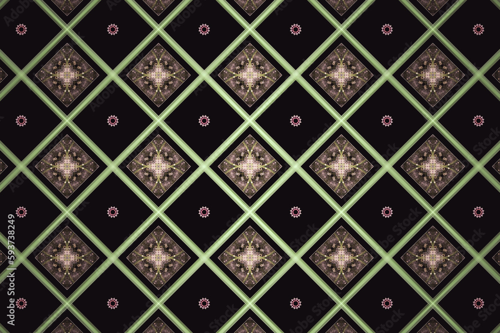 Poster green brown checkered pattern of squares and flower shapes on a black background. abstract fractal 3