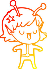 warm gradient line drawing happy alien girl cartoon