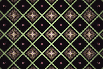 Green brown checkered pattern of squares and flower shapes on a black background. Abstract fractal 3D rendering