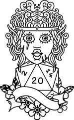elf barbarian character face with natural twenty dice roll illustration