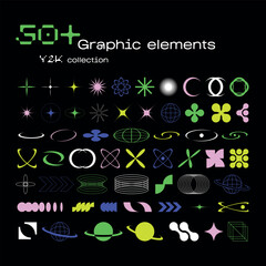 Retro futuristic brutal elements for design. Big collection of abstract graphic geometric symbols and objects in y2k style. Templates for notes, posters, banners, stickers, business cards, logo.