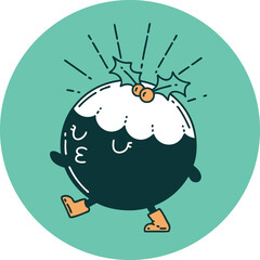 icon of tattoo style christmas pudding character walking