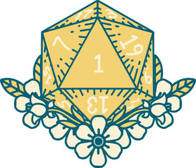 natural one dice roll with floral elements illustration