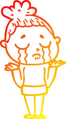 warm gradient line drawing cartoon crying woman shrugging