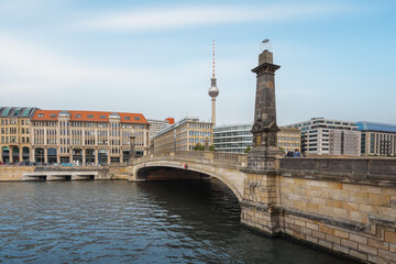Fototapeta na wymiar Friedrichs Bridge and Mitte Skyline with TV Tower (Fernsehturm) - Berlin, Germany