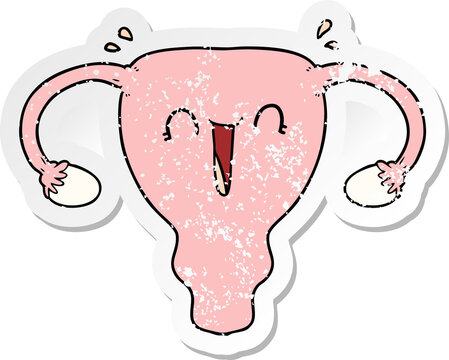 distressed sticker of a cartoon happy uterus