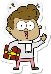sticker of a cartoon excited man with present