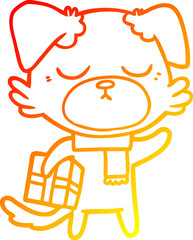 warm gradient line drawing cute cartoon dog with christmas present