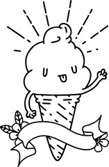 banner with black line work tattoo style ice cream character waving