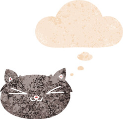 happy cartoon cat and thought bubble in retro textured style