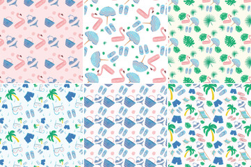 
A set of seamless patterns, on the theme of summer, holidays, vacations, travel, marine exotic resorts.