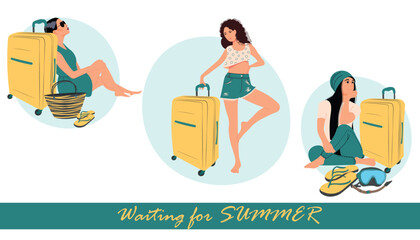 A set of girls, with a suitcase. The concept of vacation, summer, travel, sea season. Soapy girl is going to travel, illustration.