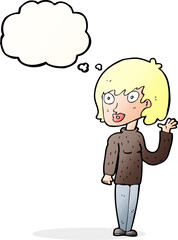 cartoon waving woman with thought bubble