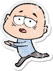 distressed sticker of a cartoon tired bald man