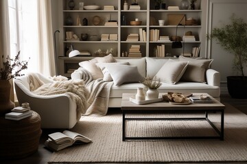 Cozy living room with a neutral color palette, featuring a plush sofa, a coffee table with decorative books and candles, and a statement rug.