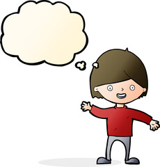 cartoon waving boy with thought bubble