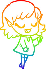 rainbow gradient line drawing happy cartoon elf girl pointing