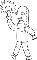 black and white cartoon robot with light bulb